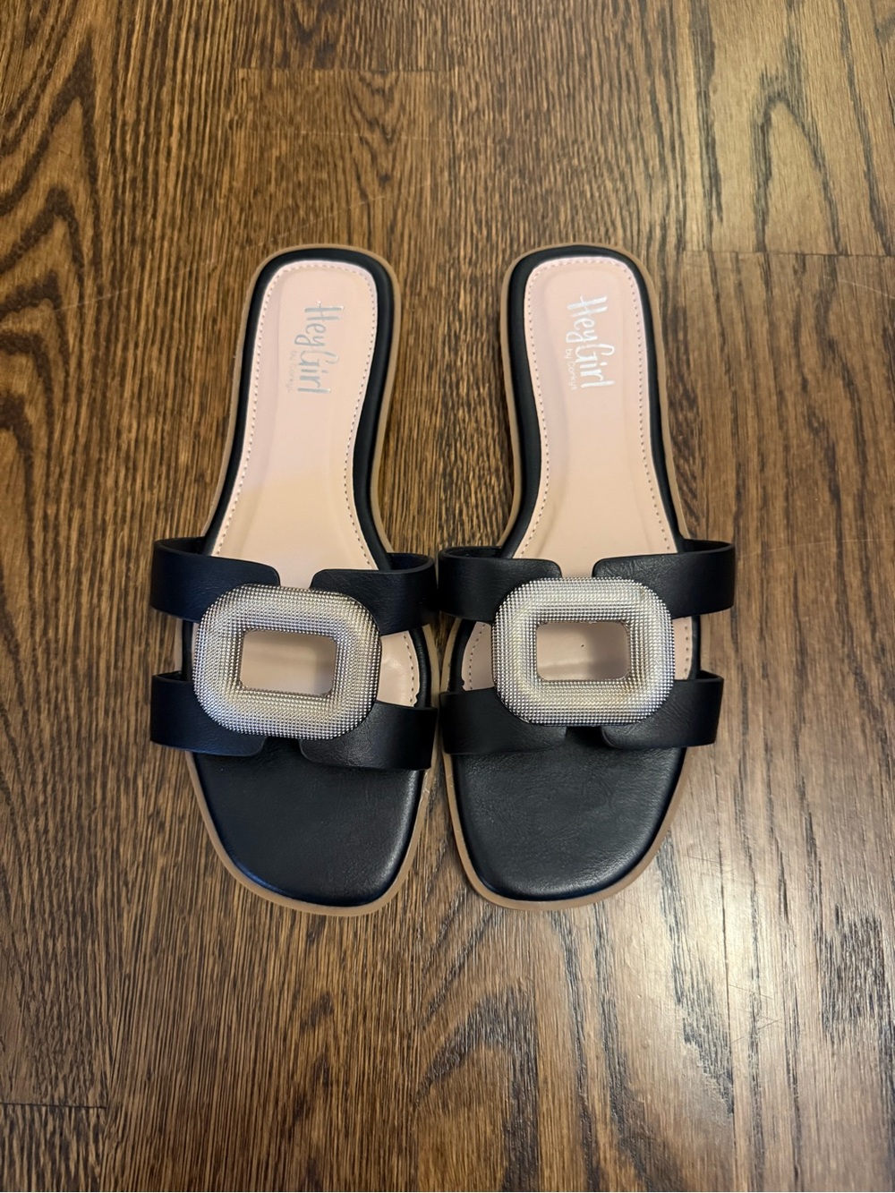 Black Slide Mules with Crystal Buckle